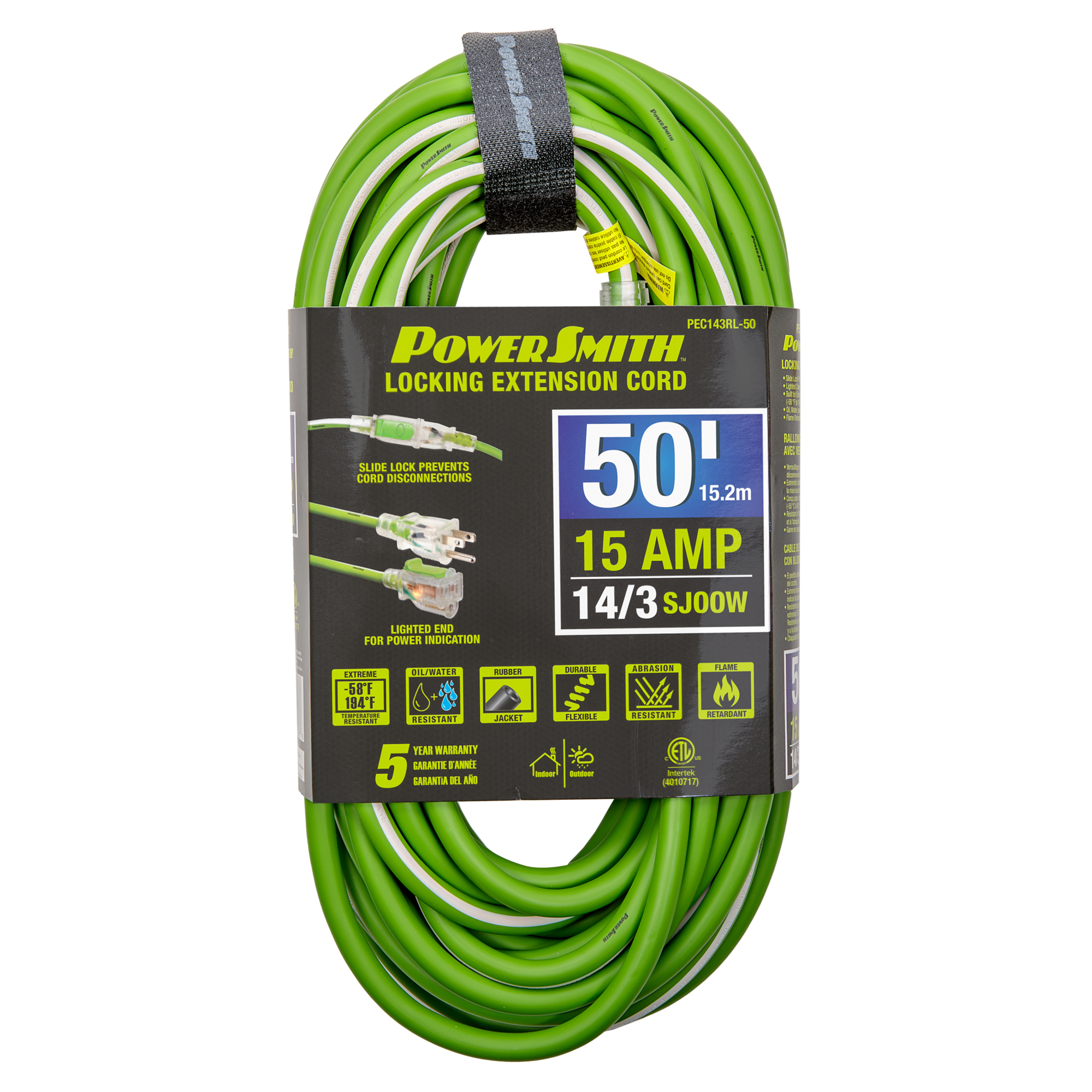 PowerSmith Medium Duty Extension Cord — 50ft., 14/3, SJOOW, Lighted End, Model# PEC143RL-50